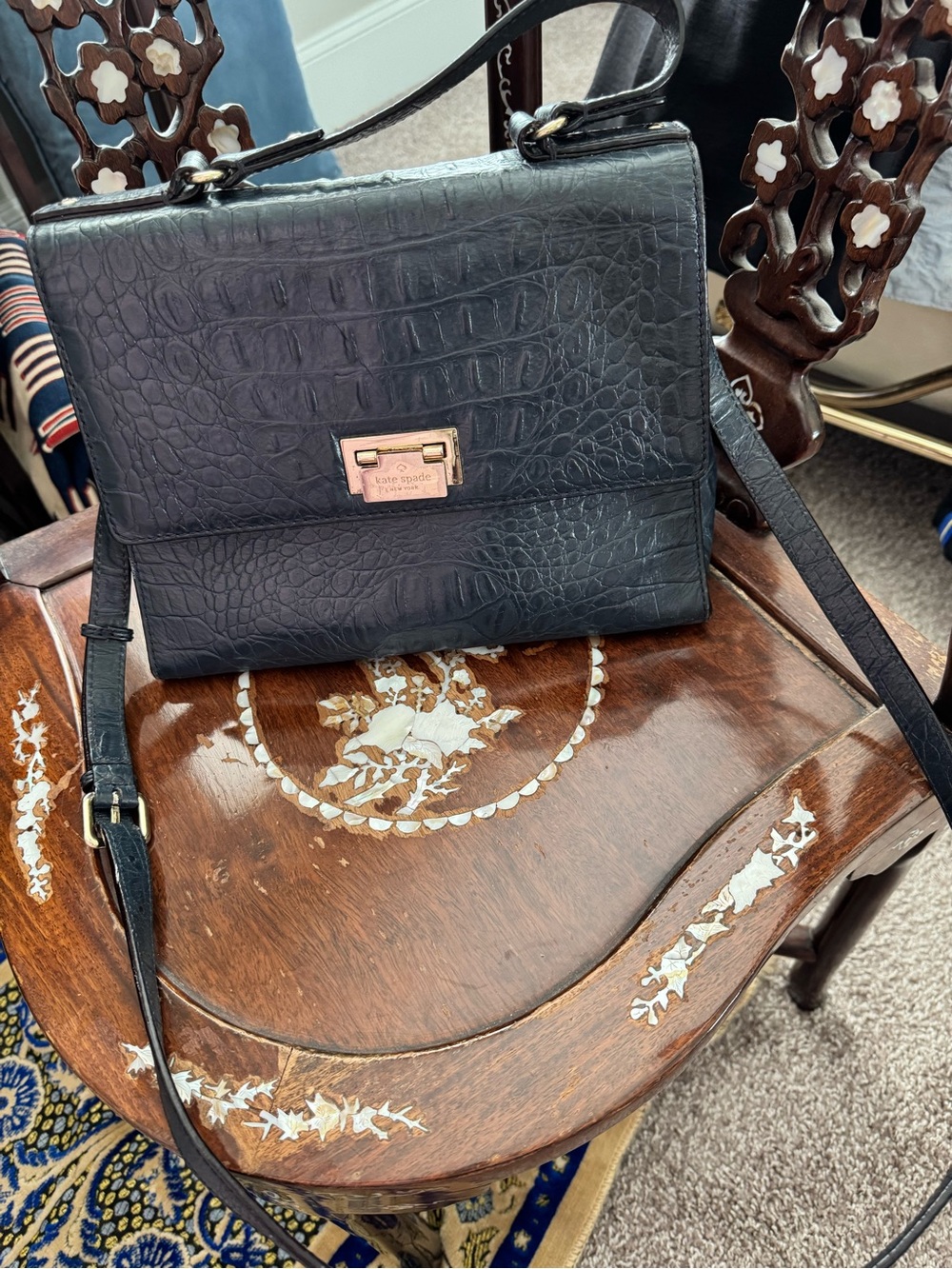 Kate Spade Navy blue Croc-Embossed Leather Shoulder Bag